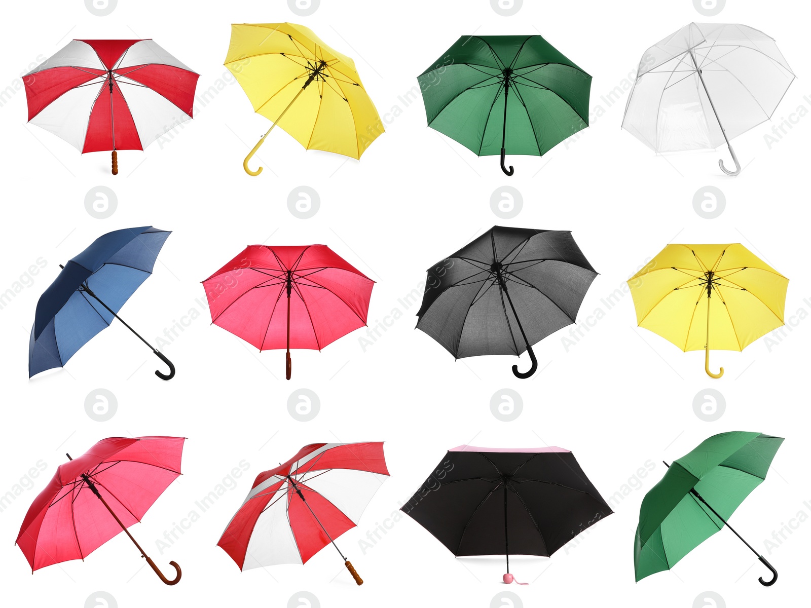 Image of Set with different stylish umbrellas on white background 