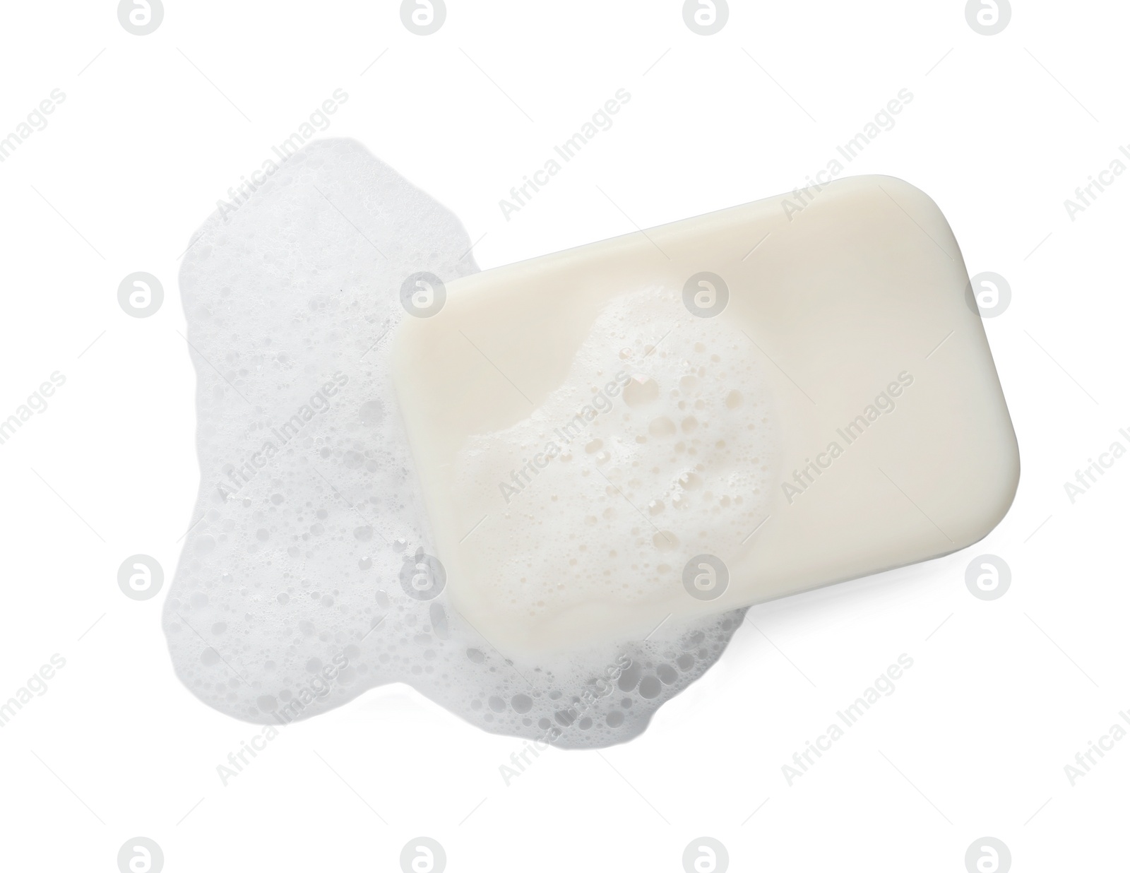 Photo of Soap with fluffy foam isolated on white, top view