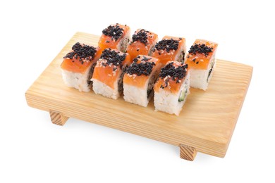 Photo of Delicious sushi rolls with salmon and wasabi on white background