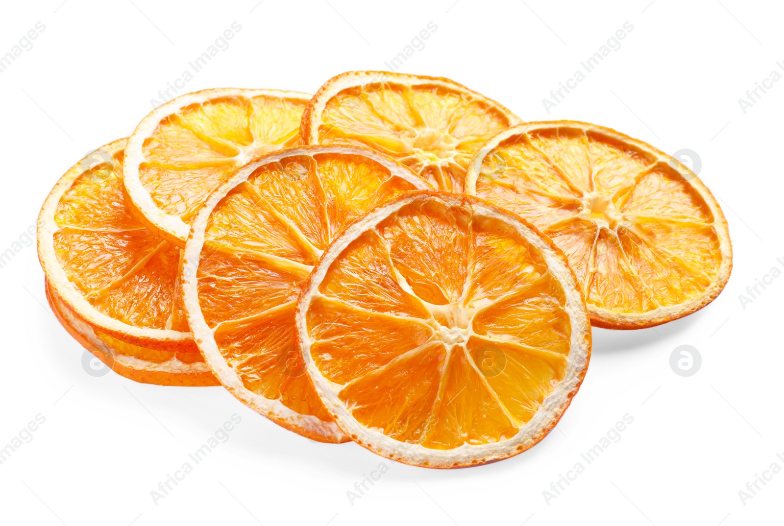 Delicious dry orange slices on white background Photo of Delicious dry orange slices on white background