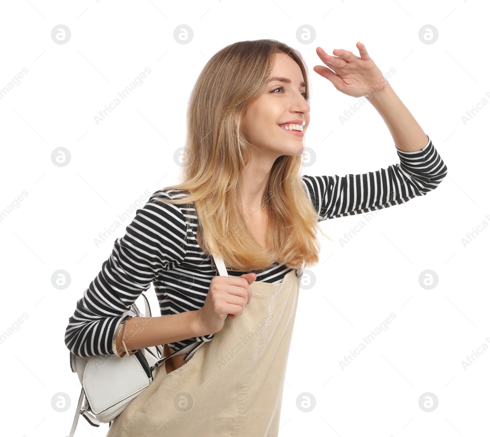 Photo of Happy woman with backpack on white background. Summer travel