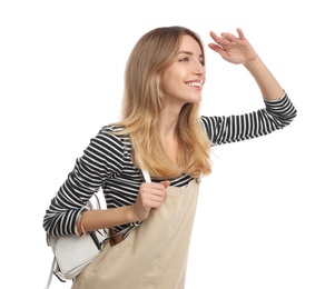 Photo of Happy woman with backpack on white background. Summer travel