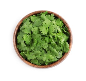 Photo of Bowl with fresh green coriander leaves isolated on white, top view