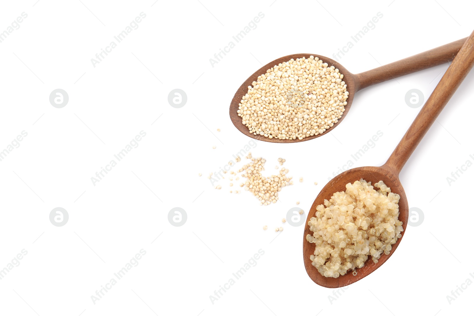 Photo of Spoons with raw and cooked quinoa isolated on white, top view