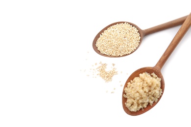 Spoons with raw and cooked quinoa isolated on white, top view