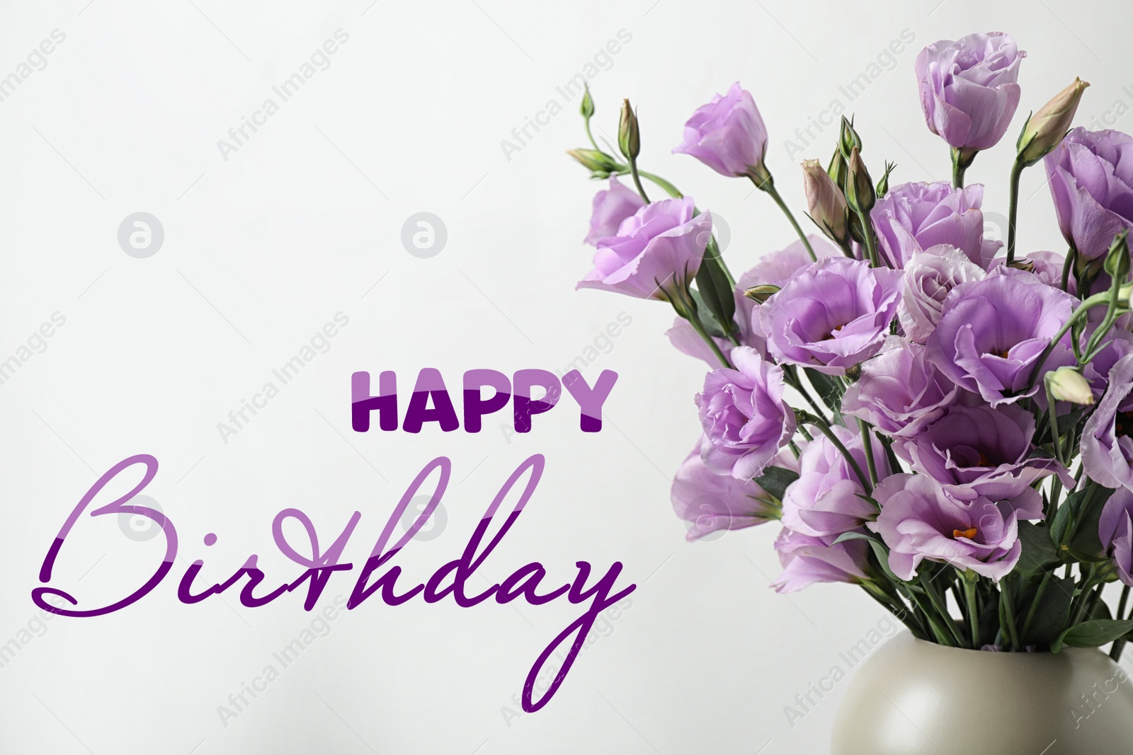 Image of Happy Birthday! Eustoma flowers in vase on white background 