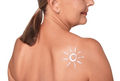 Photo of Senior woman with sun protection cream on her back isolated on white, closeup
