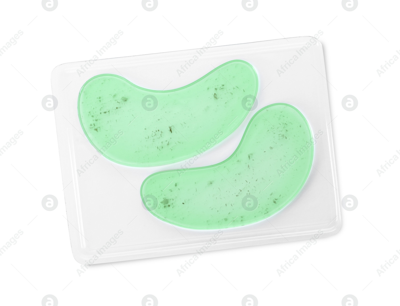 Photo of Package with under eye patches isolated on white, top view. Cosmetic product