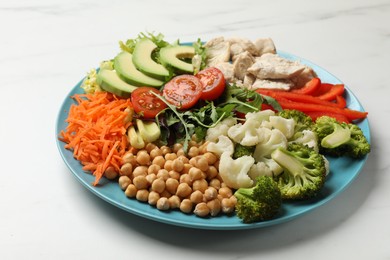 Balanced diet and healthy foods. Plate with different delicious products on white table