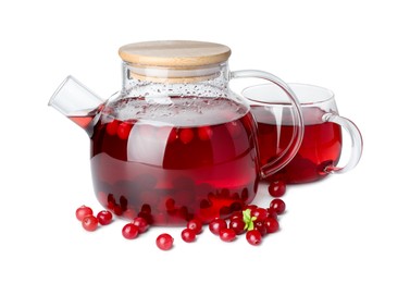 Photo of Tasty hot cranberry tea with fresh berries isolated on white