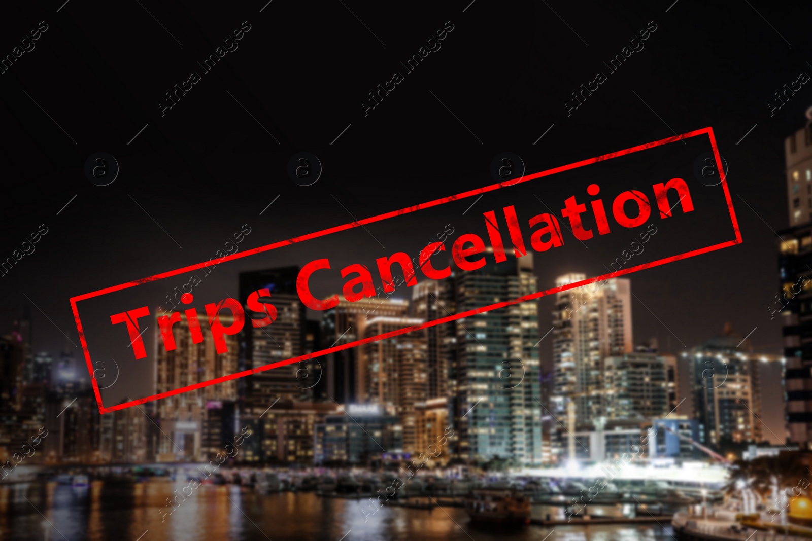 Image of Trips cancellation during coronavirus quarantine. Night cityscape with illuminated buildings