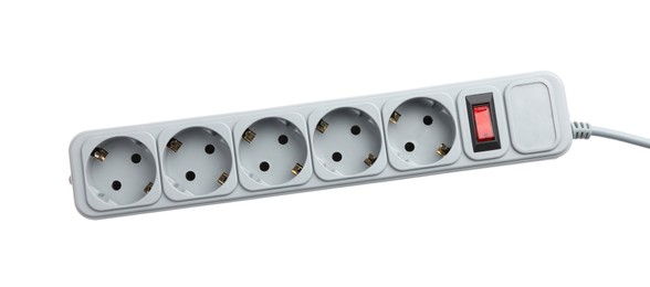 Power strip with extension cord on white background, top view. Electrician's equipment