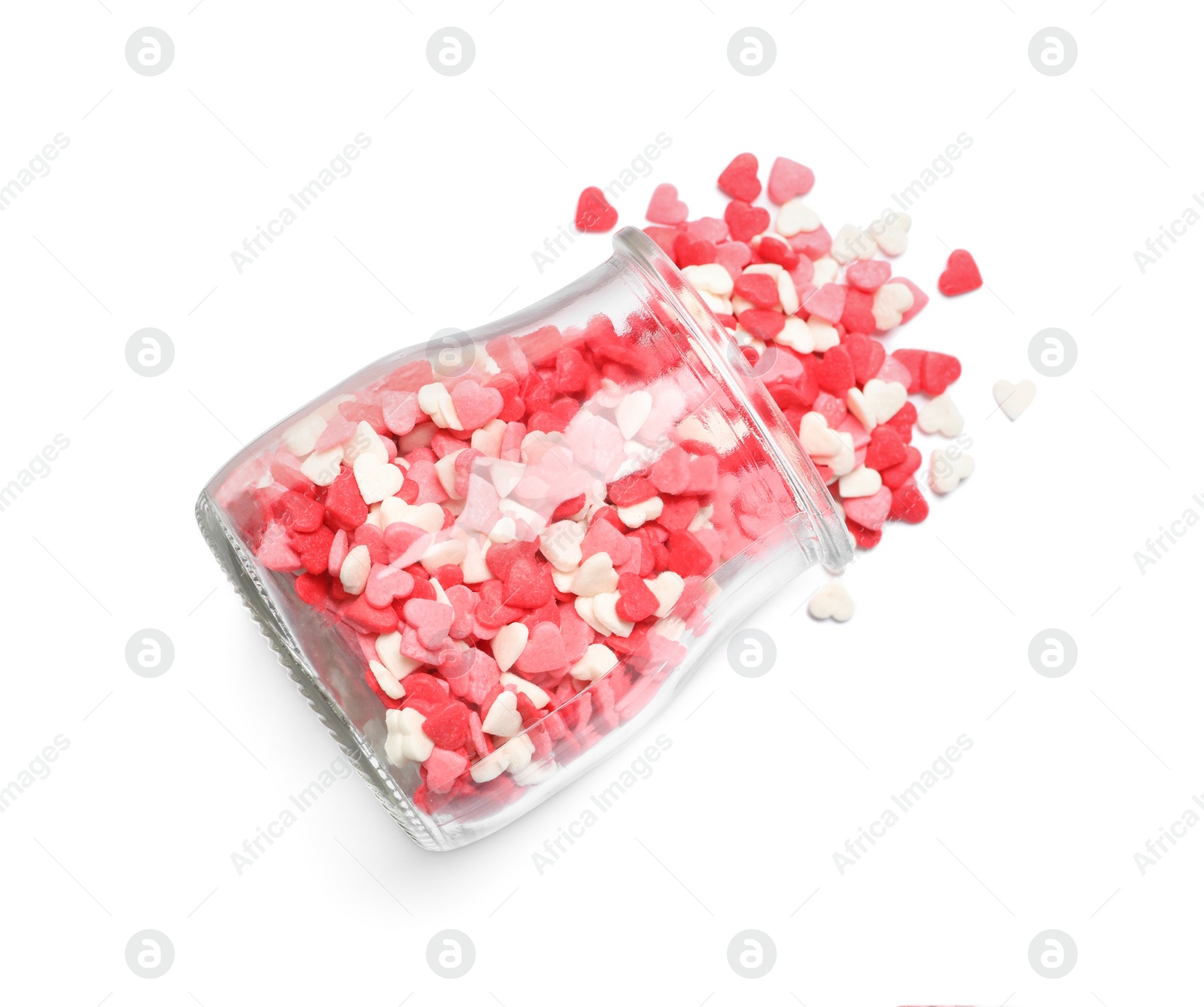 Photo of Jar and scattered candy hearts on white background, top view