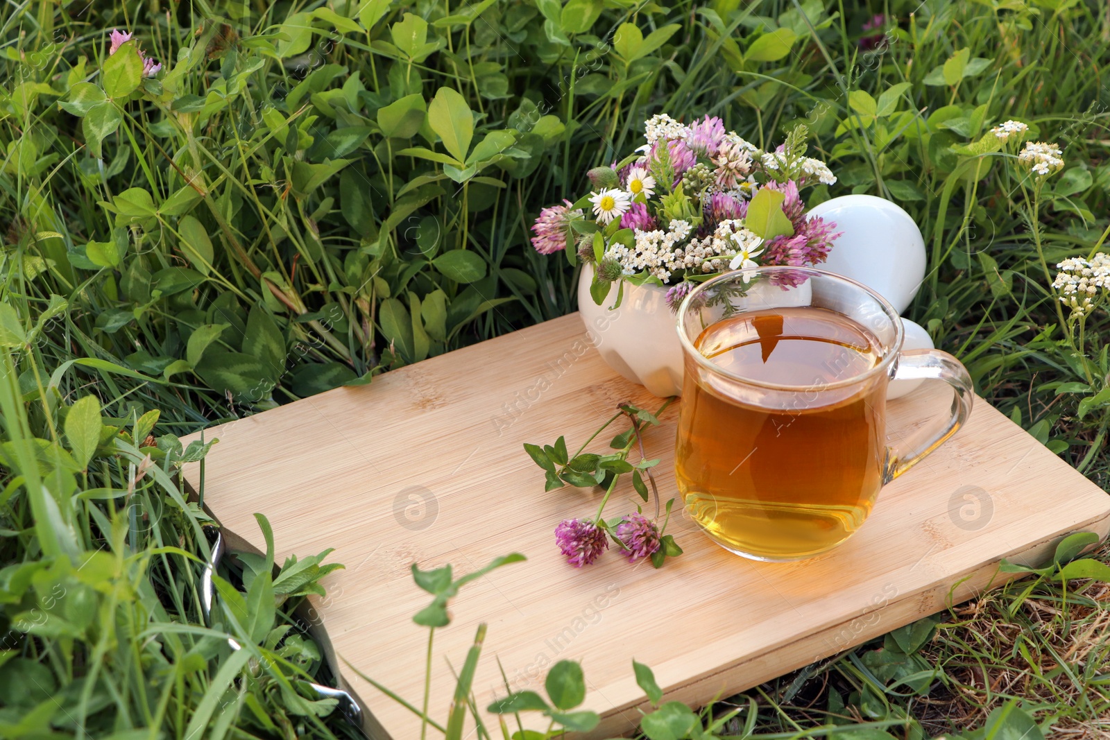 Photo of Cup of aromatic herbal tea, pestle and ceramic mortar with different wildflowers on green grass outdoors. Space for text