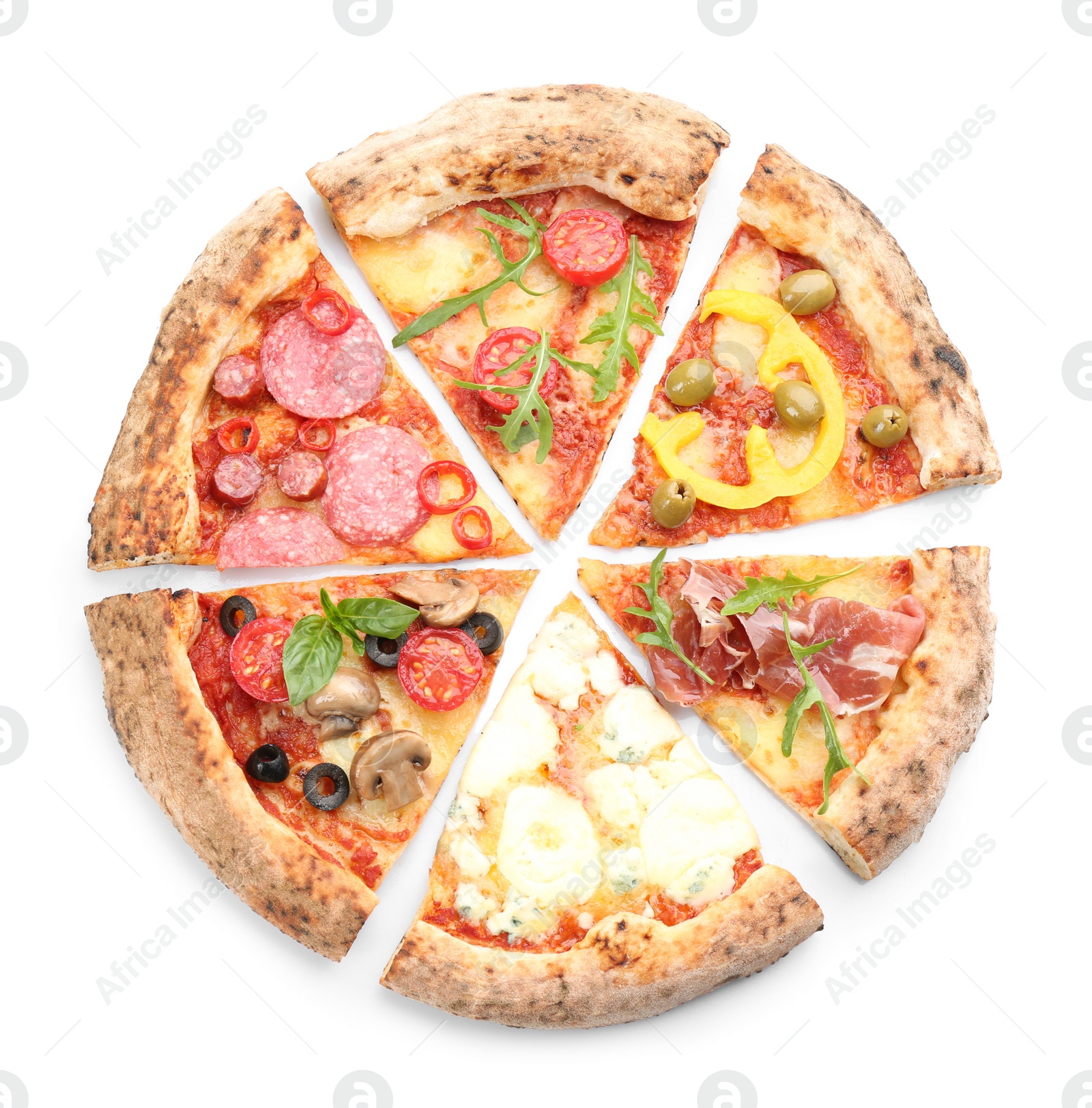 Photo of Slices of different delicious pizzas on white background, top view