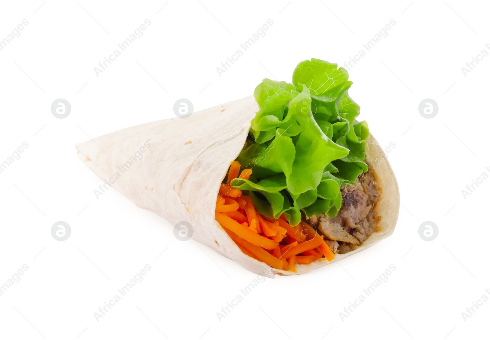 Photo of Delicious tortilla wrap with tuna isolated on white