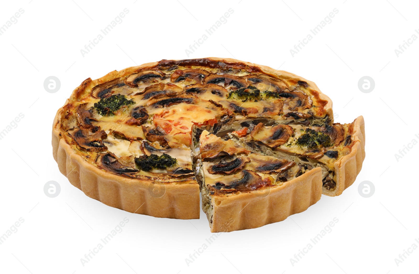 Photo of Delicious quiche with mushrooms isolated on white