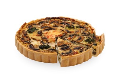 Photo of Delicious quiche with mushrooms isolated on white