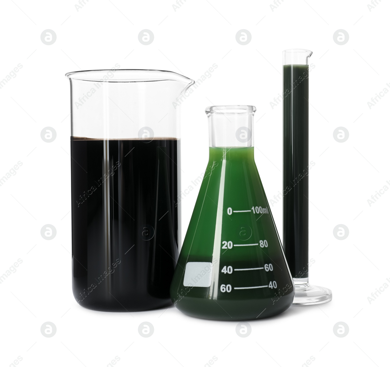 Photo of Beaker, test tube and flask with different types of oil isolated on white