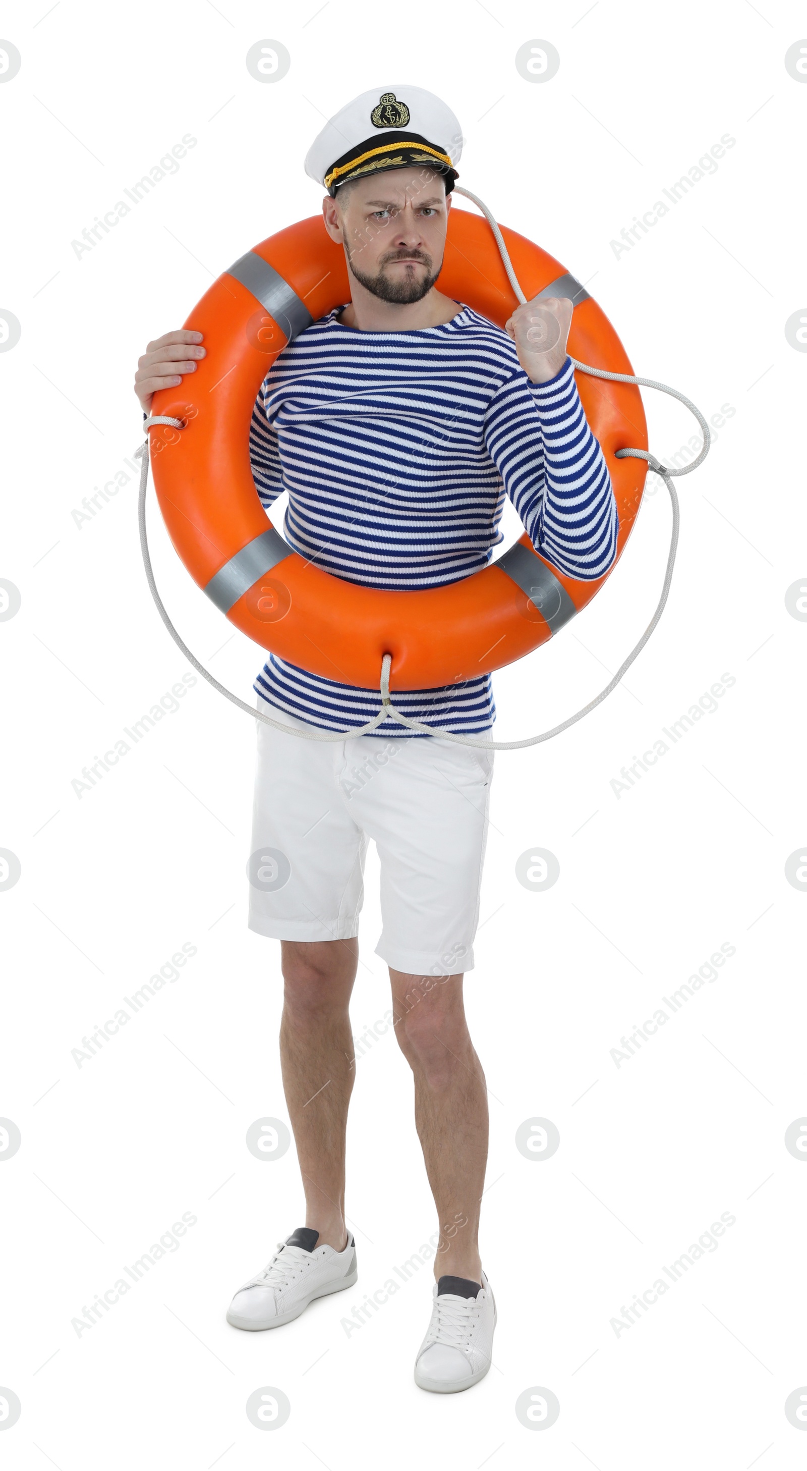 Photo of Sailor with orange ring buoy on white background