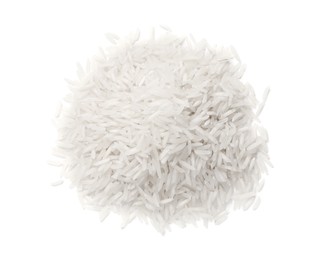 Pile of raw basmati rice isolated on white, top view