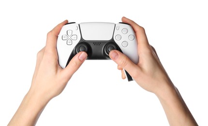 Woman with game controller on white background, closeup