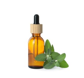 Photo of Bottle of essential oil and mint isolated on white