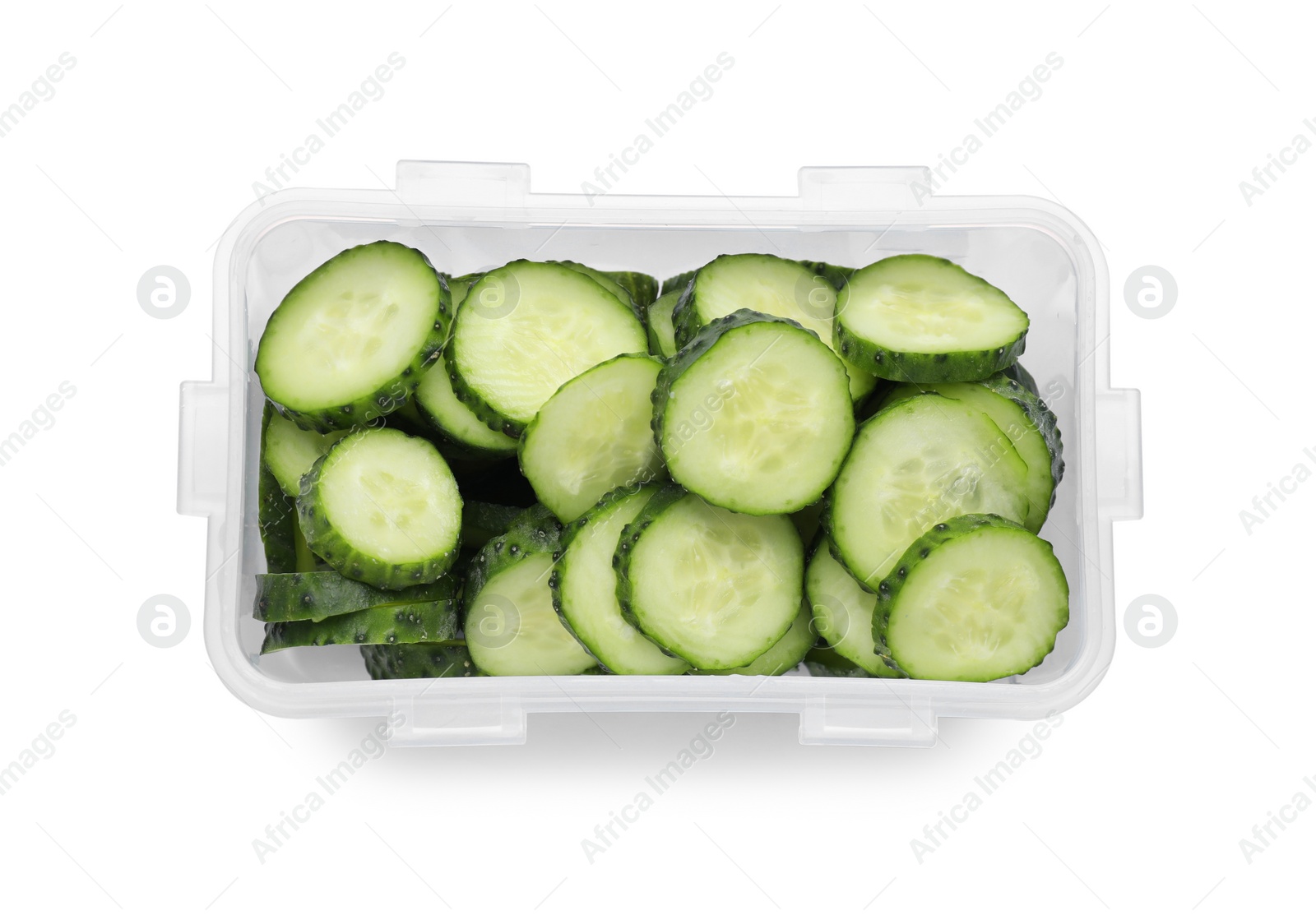 Photo of Plastic container with fresh cut cucumbers isolated on white, top view