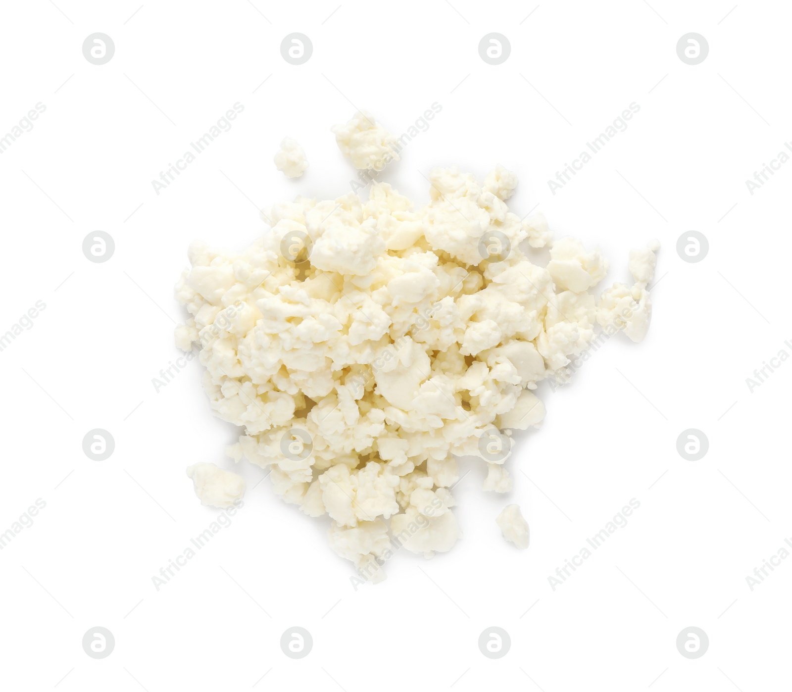 Photo of Pile of delicious fresh cottage cheese on white background, top view