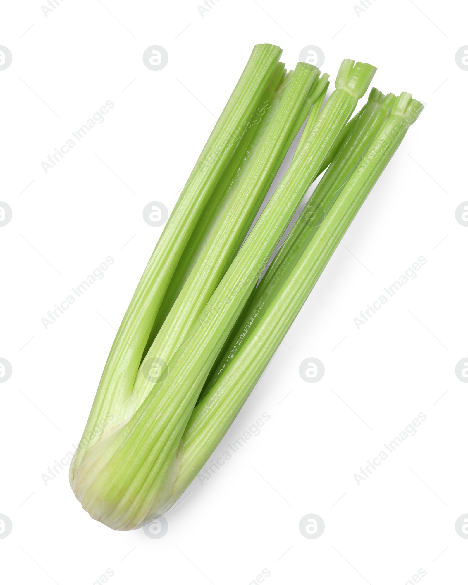 Photo of Fresh ripe green celery isolated on white, top view