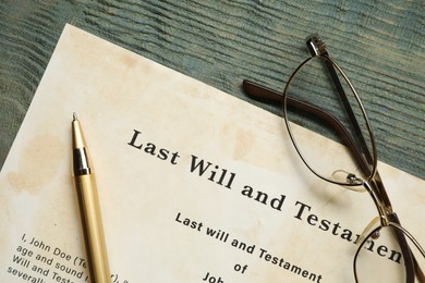 Photo of Last Will and Testament, glasses and pen on rustic wooden table, top view