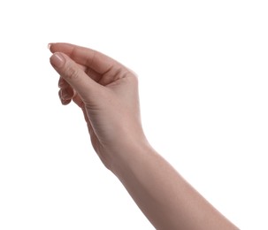 Woman holding something on white background, closeup