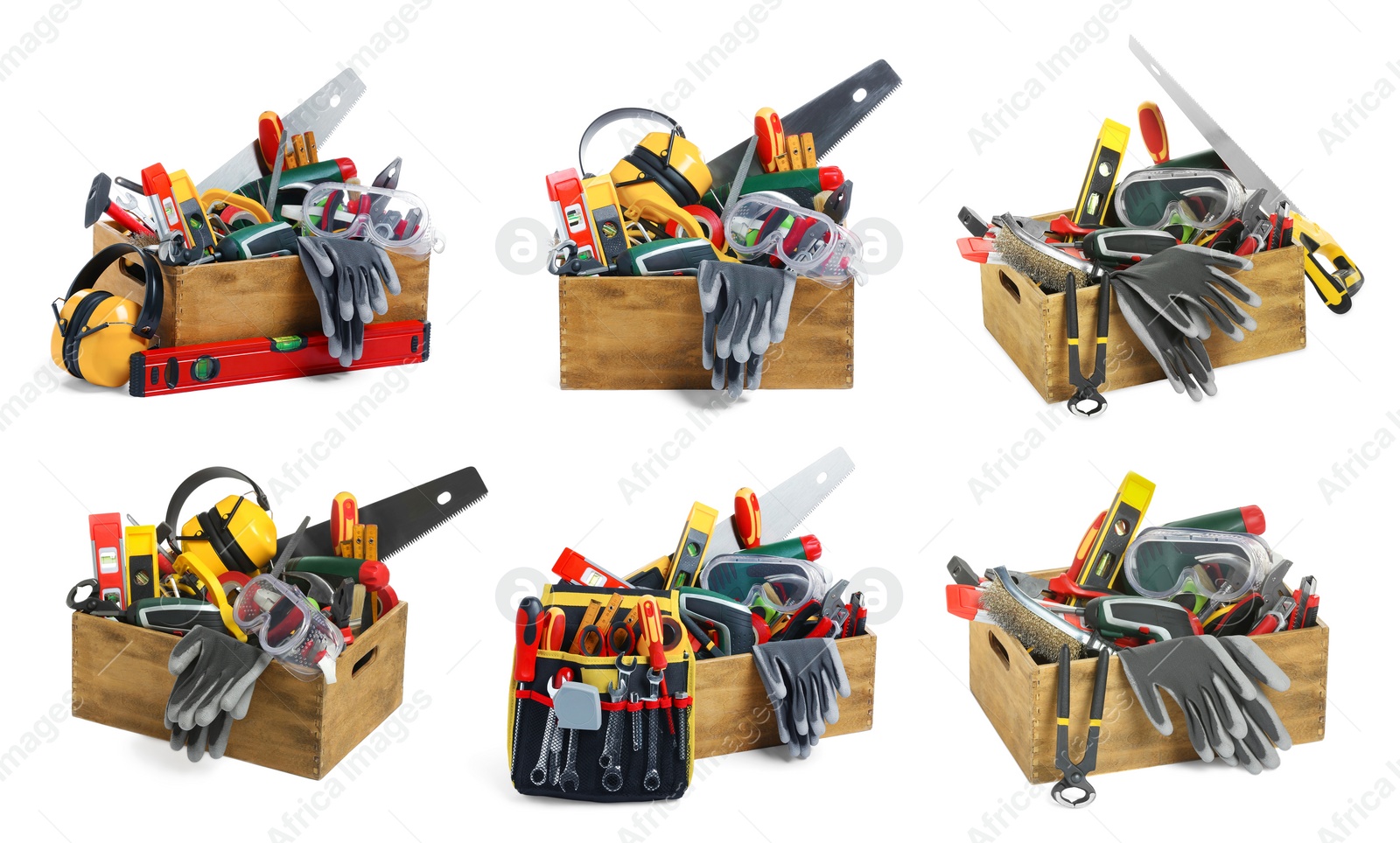 Image of Collage of wooden box with tools on white background, different sides