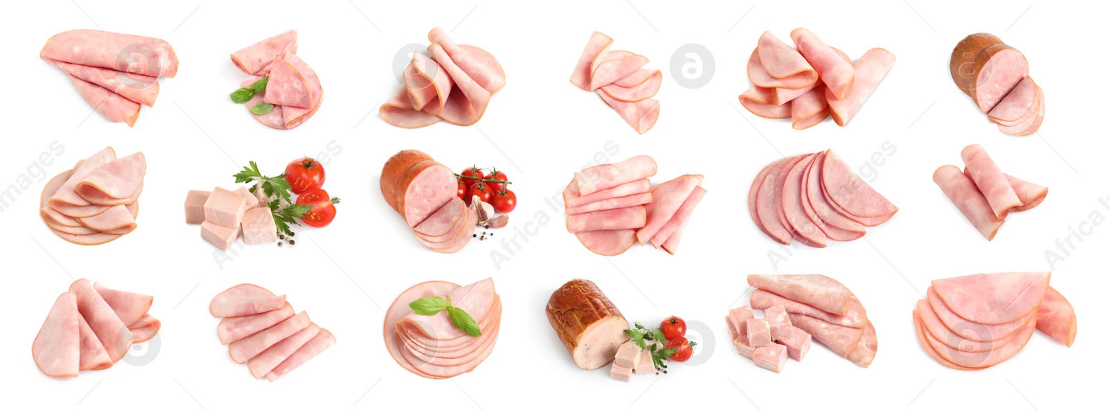 Image of Set of tasty hams on white background. Banner design