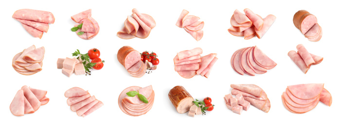 Image of Set of tasty hams on white background. Banner design