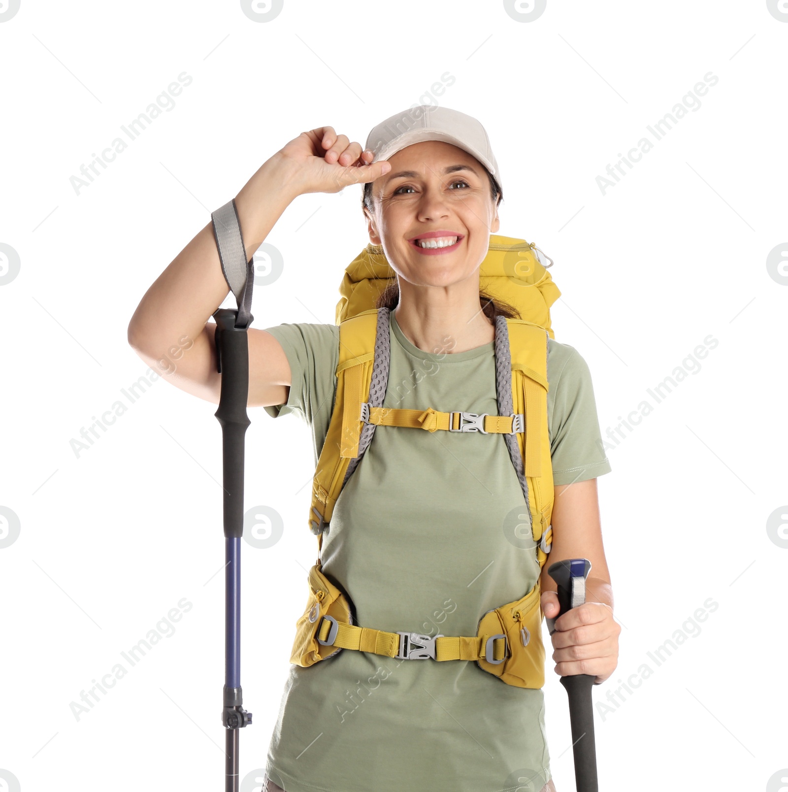 Photo of Female hiker with backpack and trekking poles on white background