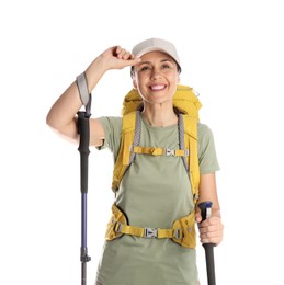 Female hiker with backpack and trekking poles on white background