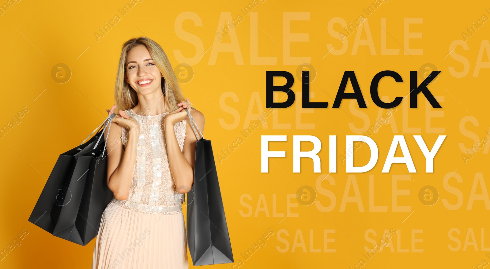 Image of Black Friday Sale. Beautiful young woman with shopping bags on yellow background 