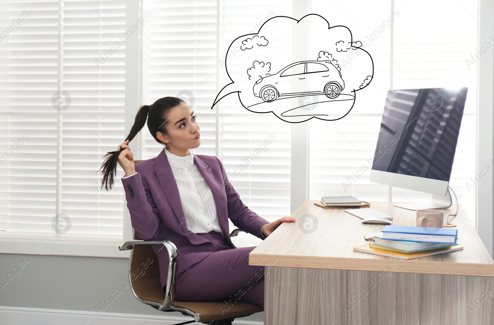 Image of Young woman dreaming about new car in office