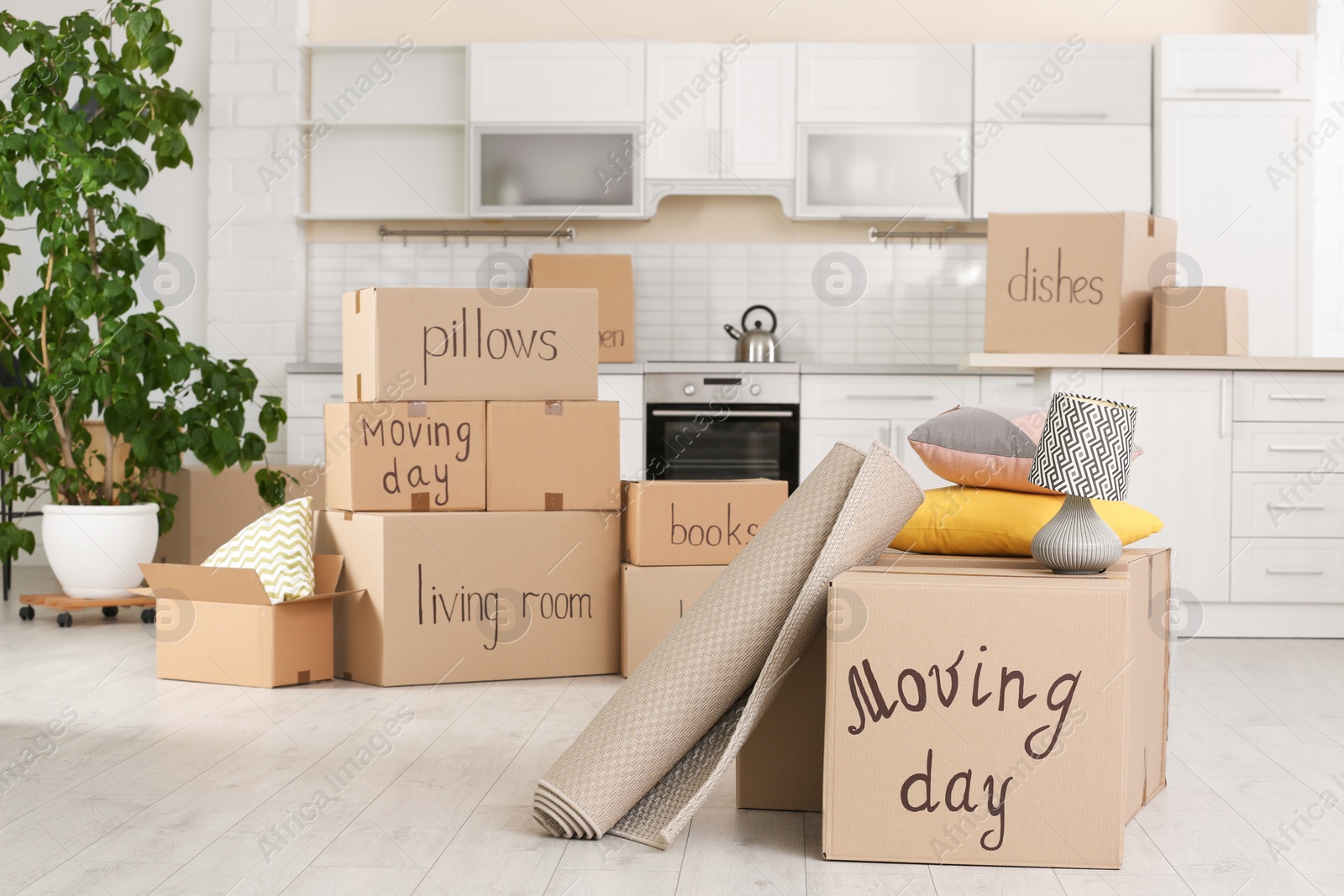 Photo of Cardboard boxes and household stuff in kitchen. Moving day