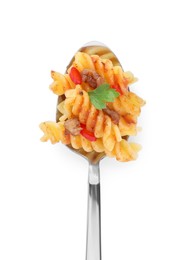 Photo of Spoon with tasty pasta isolated on white, top view