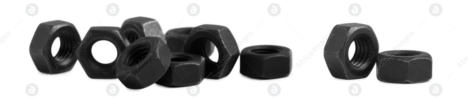 Image of Set with black metal hex nuts on white background. Banner design