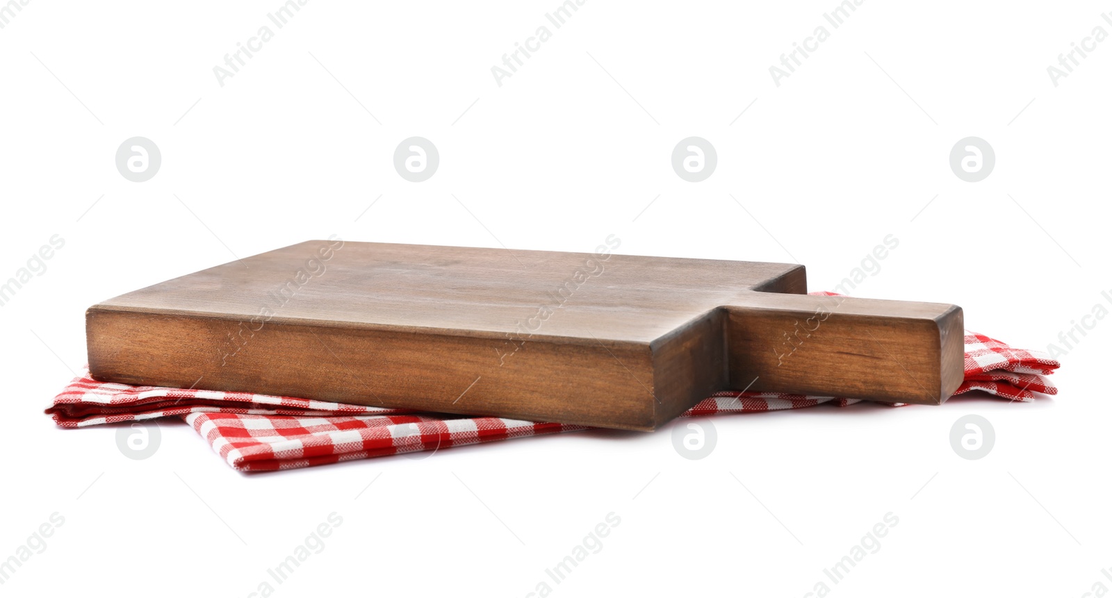 Photo of Wooden board on white background. Kitchen utensil