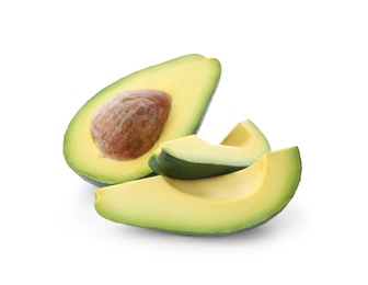 Slices of ripe avocado on white background