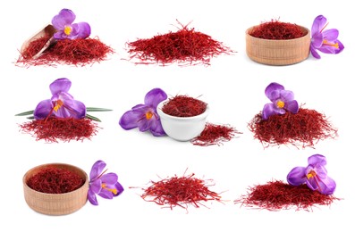 Image of Set with dried saffron and crocus flowers on white background