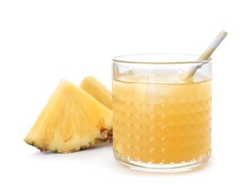 Photo of Glass with delicious pineapple juice on white background