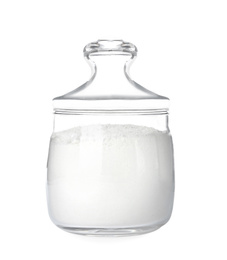 Photo of Organic flour in glass jar isolated on white