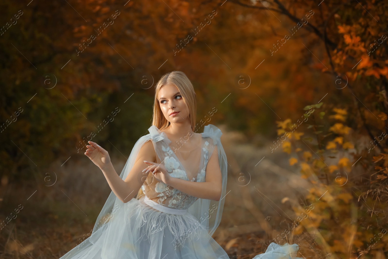 Photo of Beautiful girl wearing fairy dress in autumn forest