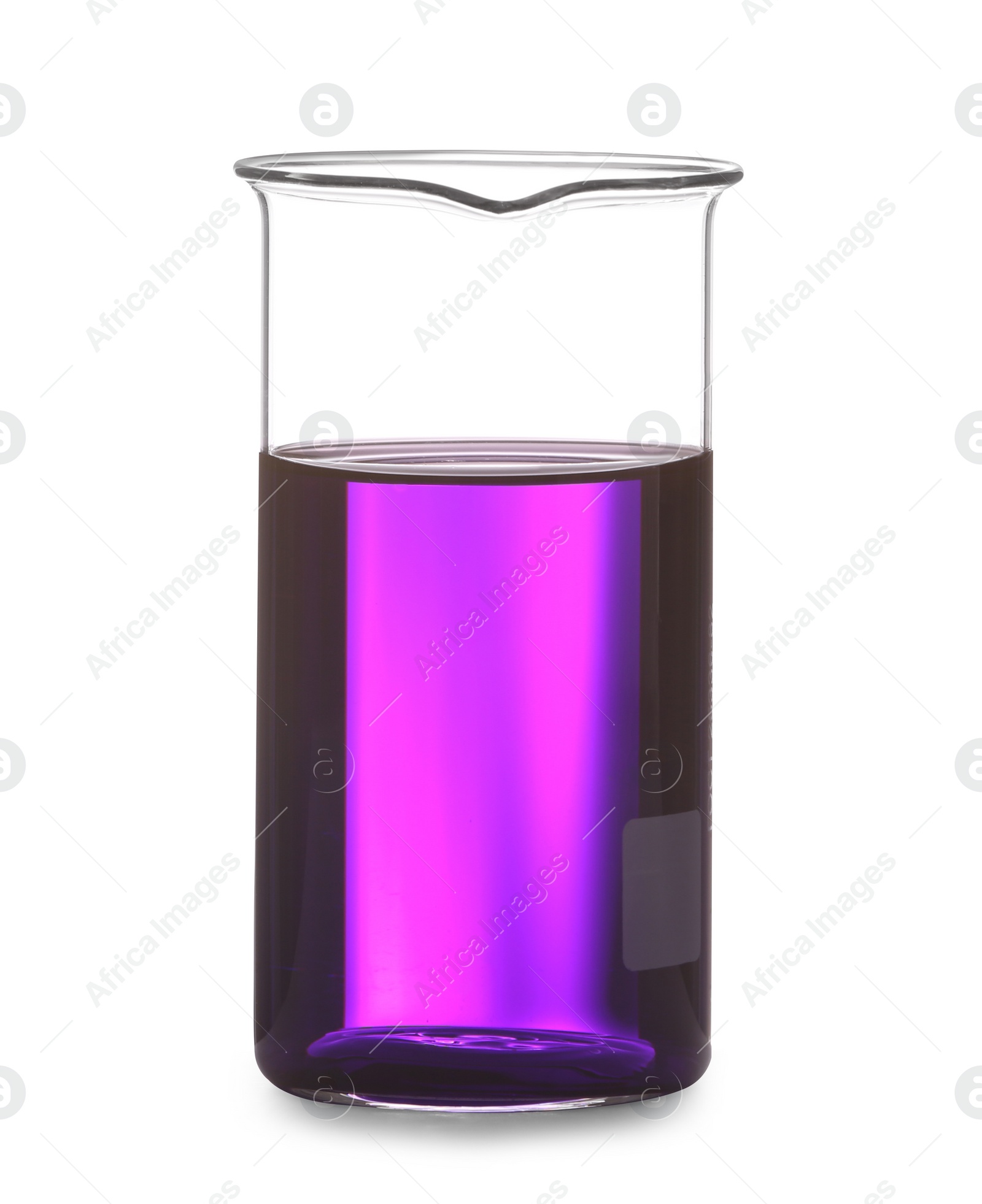 Photo of Glass beaker with liquid on white background. Solution chemistry