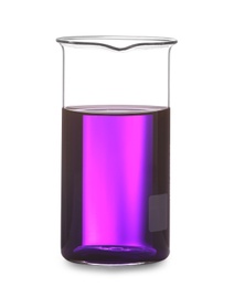 Photo of Glass beaker with liquid on white background. Solution chemistry